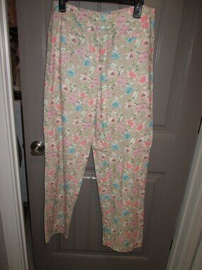 Women's Linen Pastel Floral Pants, Size 14, Hook/Slide & Button Close, Pockets